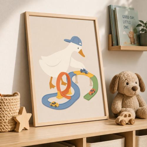 Silly Goose Race Car Wall Art, Boys Nursery Print, Car Track Poster, Transportation Decor, Whimsical Playroom Artwork for Kids
