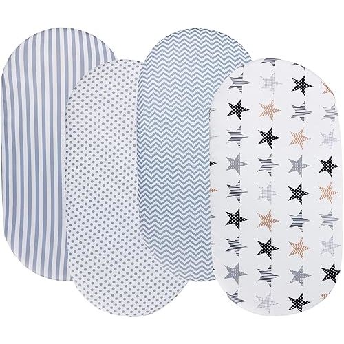 Onacosht Bassinet Sheets for Baby Boy and Girl, Stretchy Breathable Fitted Sheet Universal for Bassinet Cradle Hourglass Oval Rectangle Pad/Mattress, 4 Pack Stripes Dots Chevrons and Stars 