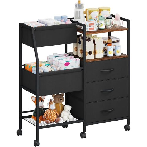 Somdot Baby Diaper Caddy Organizer, 3-Tier Rolling Cart with Drawers