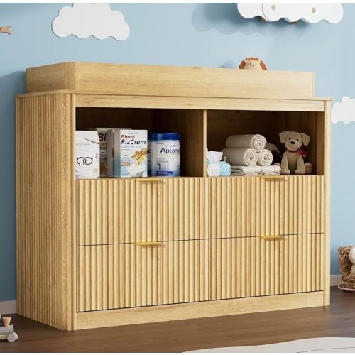 St.Mandyu Changing Dresser, 4 Large Drawers Wood Baby Nursery Dresser with Raised and Detachable Changing Table Top, Fluted Chest with Gold Handles, Large Storage Organizer for Nursery Room,Natural
