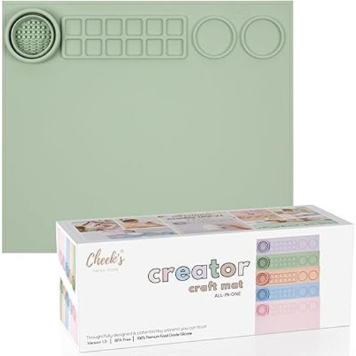 Cheek's Paper Room-Creator Silicone Craft Mat for Painting and Crafts V.1.0 (Matcha) Large Mat with Collapsible Paint Brush Cleaner for Painting, Clay, Resin and Crafts 15inches X 17inches