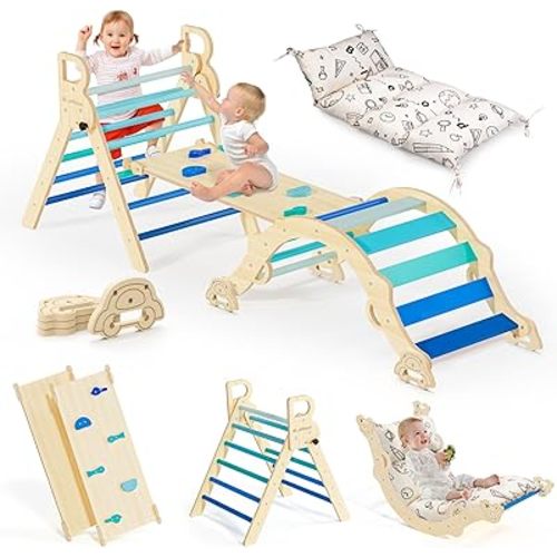 BlueWood Pikler Triangle Set with Cushion, 8-in-1 Climbing Toys for Toddlers, Montessori Philosophy Play Jungle Gym with Arch, Ramp, Ladder(Sky Blue)