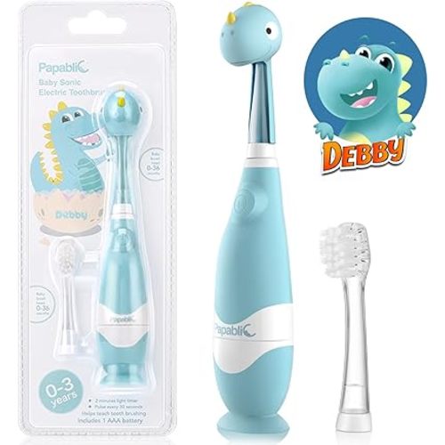 Papablic Toddler Sonic Electric Toothbrush Kids for Ages 1-3 Years, Baby Electric Toothbrush with Cute Dino Cover and Smart LED Timer, 2 Brush Heads (Debby)
