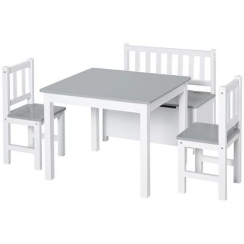 Qaba 4-Piece Kids Table Set with 2 Wooden Chairs, 1 Storage Bench, and Interesting Modern Design, Gray / White
