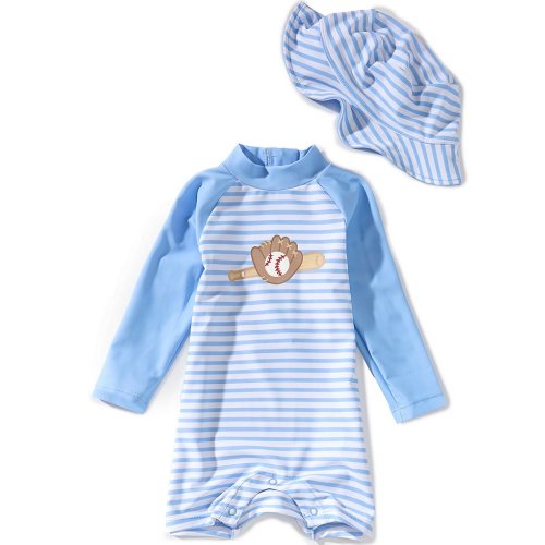 Adventurewear 360 Baby Boys Stripe Baseball Print Long Sleeve Rashguard One-Piece Swimsuit & Hat