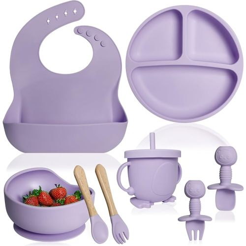 Bluet B- Silicone Baby Feeding Set - Baby Led Weaning Supplies - Baby Spoons, Suction Bowl - Plate - Baby Utensils - Silicone Feeding Set for Baby First Foods, Infant Eating - 8pcs - Purple