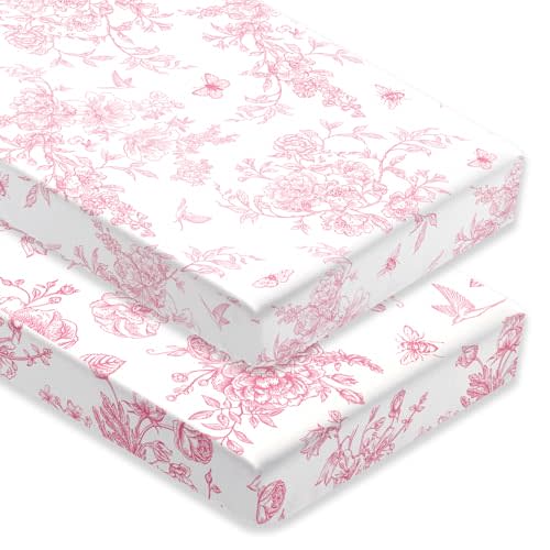2 Pack Pink Vintage Floral Crib Sheet Set for Baby Girl, Soft Breathable Fitted Coquette Crib Sheet 28 x 52 in, Chinoiserie Nursery Decor for Standard Crib and Toddler Bed Mattresses