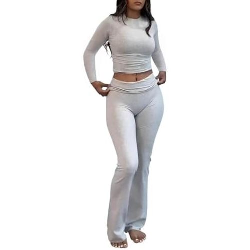 AYWA Women's 2 Piece Outfits Foldover Flare Pants Long Sleeve Crew Neck T-shirt Fitted Pajama Sets