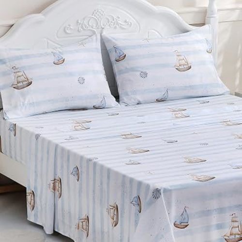 Nautical Theme Twin Sheets Set for Kids,Blue Stripe Sailboat Print