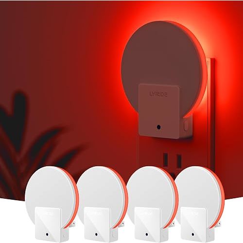 Lyridz Red Plug in LED Backlit Night Light, Auto Dusk to Dawn Sensor, 1-50 LM Dimmable Sleep Aid Nightlight Indoor for Bedroom, Kids Room, Elderly Housing, Bathroom, Kitchen, Stairs, Hallway, 4 Pack