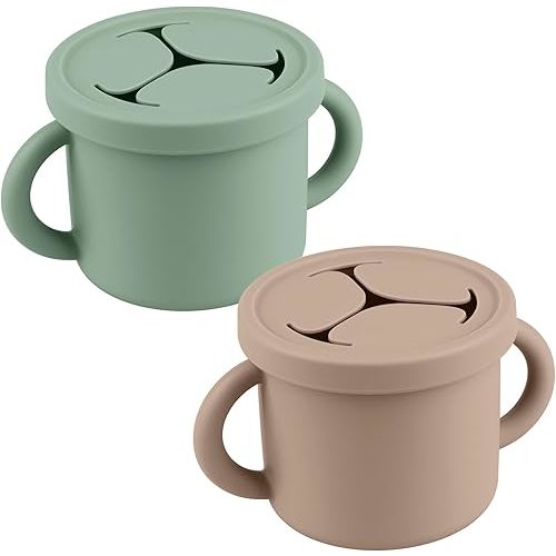 Snack Containers for Toddlers, Kids - 2 Pack Food Grade Silicone Snack Cups with Grip Handle (Natural/Sage)