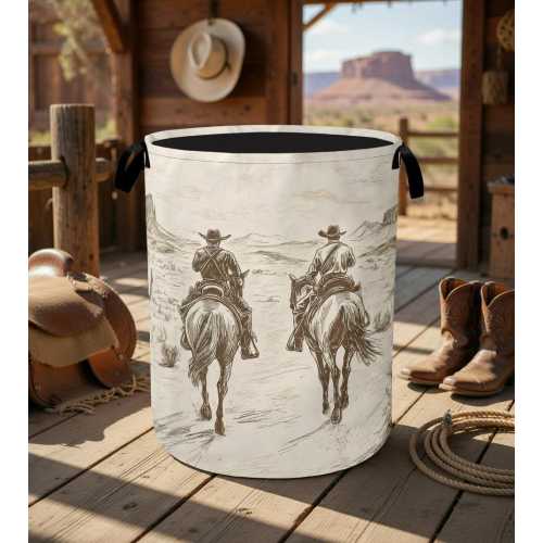 Vintage Cowboy Laundry Basket, Western Horse Sketch Storage Bin, Rustic Decor Hamper