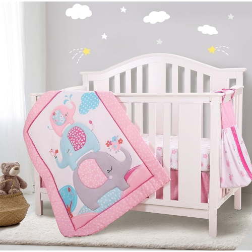 Sweet Baba 4 PC Elephant Crib Bedding Set with Comforter Fitted Sheet Crib Skirt Diaper Stacker, Pink Nursery Cot Sets for Baby Girl