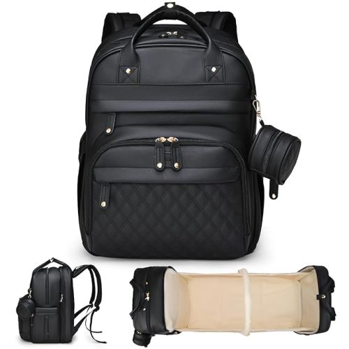 ANWTOTU Leather Baby Diaper Bags with Changing Station,Extra large Capacity Baby Diaper Bag Backpack,Waterproof Baby Essentials(Black)