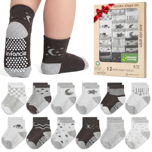 GOTS Organic Cotton Blend 12 Pairs Baby Newborn Socks Boy 6-12 M Non Slip | Oeko-Tex Certified, Baby Socks, 12 Pairs, Baby Grip Socks, Baby Boy Socks, Black, For Baby Boys, 6-12 Months, Stretchy fi