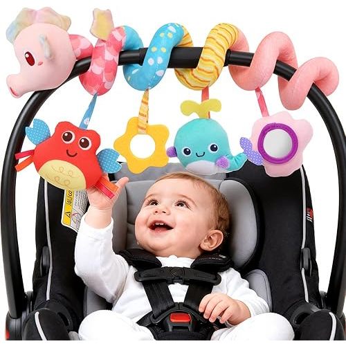 Car Seat Toys for Baby Toys 0-6 Months, Hanging Crib Stroller Toys with Rattle, Mirror, Crinkle, Squeaky Spiral Baby Activity Carseat Sensory Toys for Newborn Infants Girls Birthday Gifts