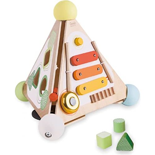 Pyramid Activity Box for Toddlers – Wooden Montessori Toy with Shape Sorter, Mirror, Music, Wheels – Fine Motor Skills & Color Recognition for Kids 2+ – Educational Toy for Boys & Girls