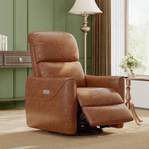 Power Swivel Glider Recliner Chair with USB Port & Lumbar Support, PU Leather Electric Rocker for Nursery, Living Room & Bedroom