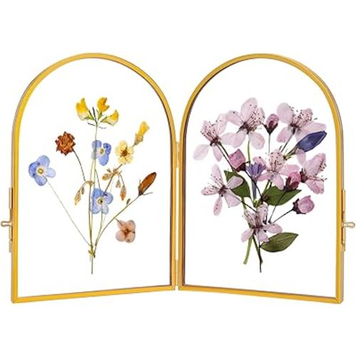 Double Glass Frame for Pressed Flowers Handmade, Pressed Flower Frame, Hinged Tabletop Brass Photo Frames, Dried Flower Display Folding Picture Frame for Home, ArcShaped, Gold, 4×6 Inches