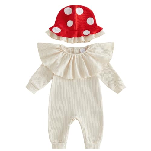 Pudcoco Infant Baby Girls Halloween Outfit Mushroom Romper Toadstool Long Sleeve Waffle Knit Ruffle Jumpsuit with Hat