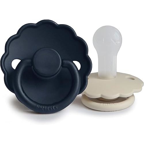 FRIGG Daisy SilkySoft Silicone Baby Pacifier | Made in Denmark | BPA-Free (Dark Navy/Sandstone, 6-18 Months)