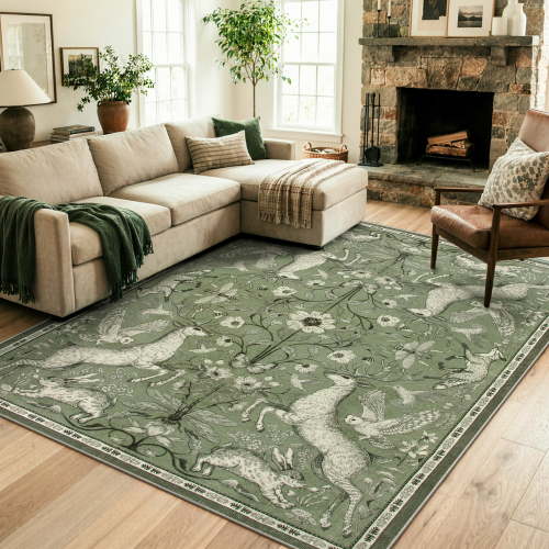 RUG ROBOT 6'x9' Washable Area Rug,Vintage Woodland Botanical Farmhouse Rug for Living Room, Cottagecore Accent rug for Nursery Playroom Reading Nook Non Slip Low Pile Stain Resistant, Olive green