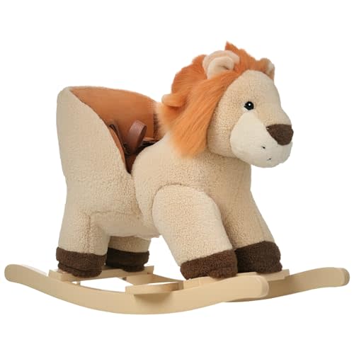Qaba Baby Rocking Horse Lion with Sound, Plush Stuffed Rocking Animals, Wooden Rocking Horse with Seat Belt for 18-36 Months Boys and Girls Gift, Brown