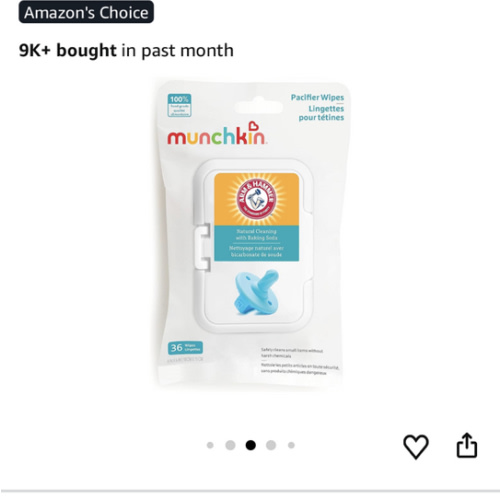 Munchkin Arm & Hammer Pacifier Wipes - Safely Cleans Breast Pump Parts and Feeding Essentials for Baby and Toddler, 1 Pack, 36 Wipes