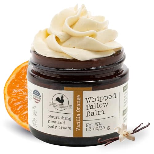 Hearth & Homestead Whipped Beef Tallow for Skin & Face - 100% Grass Fed, Eczema Cream & Body Butter, Organic Olive Oil, Calendula & Rose, Lotion & Hand Moisturizer for Dry Skin, Vanilla Orange, 1.3oz