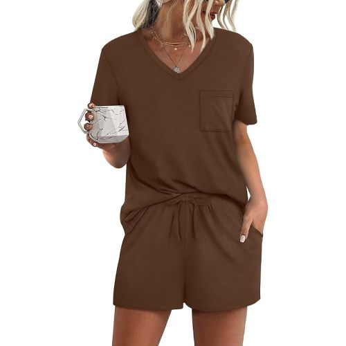 RUBZOOF Women's Short Sleeve Pajama Sets with Pockets Casual V Neck 2 Piece Lounge Sets S-3XL