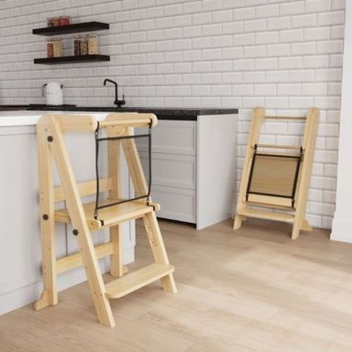 HOMLUX Foldable Toddler Kitchen Step Stool, 3 Adjustable Height Kitchen Stool with Safety Net for Kids Ages 1–6, Natural Wood