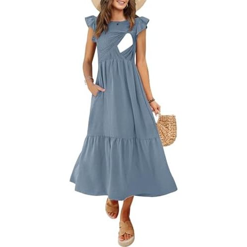 Women's Nursing Dress Flutter Short Sleeve Crew Neck Smocked Elastic Waist Tiered Midi with Pockets