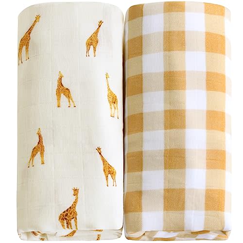 LifeTree 2Pack Muslin Swaddle Blankets for Unisex, 100% Organic Cotton Newborn Baby Receiving Blanket, Large 47 x 47 inches, Boys and Girls, Giraffe & Gingham