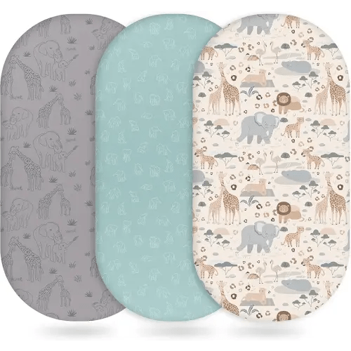 Baby Bassinet Sheets Girl Boy, Fitted Bassinet Sheet Set 3 Pack Bassinet Mattress Sheets Universal Fit for Rectangle, Round, Oval, Hourglass Mattress, Soft Breathable Elephant