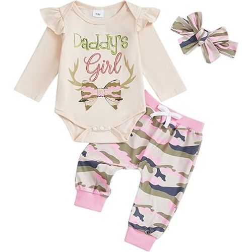 Baby Girl Deer Hunting Fall Clothes Daddy's Girl Bodysuit Camouflage Jogger Pants Bow Cute Newborn Coming Home Outfit