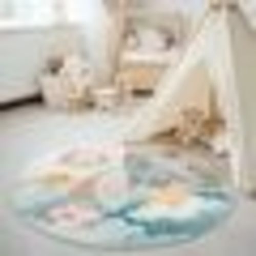 Outer Space Rocket Round Kids Rug - Astronaut Nursery Carpet for Playroom, Toddler Room & Baby Area - Smiling Stars Moon Galaxy Mat