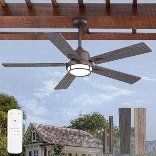 52" Outdoor Ceiling Fans with Lights, Gazebo Hanging Fan with 3CCT Remote Control 6-Speeds DC Motor,IP65 Waterproof Ceiling Fan for Patio Porch Pergola(Oil-Bronze)