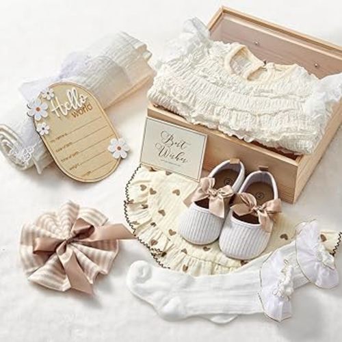 Golray Wooden Baby Gift Basket Newborn Girls Baby Shower Gifts Cloth Set with Bodysuit/Soft Shoes/Socks/Blanket/Bib/Headband/Wood Milestone, New Born Baby Girl Clothes Gender Reveal Gift Stuff
