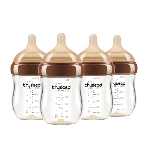 Thyseed Anti-Colic Glass Baby Bottle for Breastfed Infants, Natural Feeding, Breast-Like Newborn Extra Slow Flow Nipple (0m+), 5 oz, 4 Pack