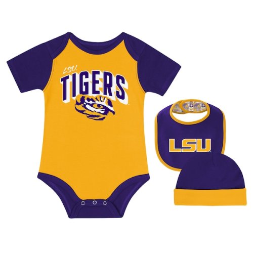 LSU Tigers  Newborn & Infant Dynamic Duo Bodysuit, Bib & Cuffed Knit Hat Set