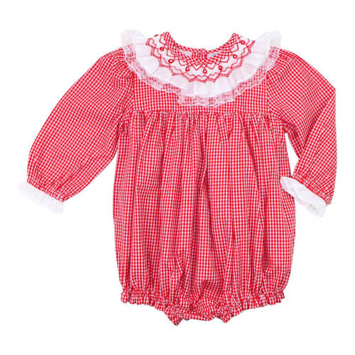 Red Gingham Smocked Lace Collar Bubble