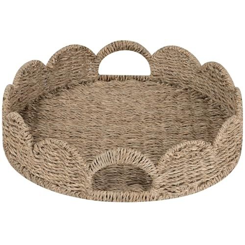 StorageWorks Round Wicker Scalloped Tray, Rattan Serving Trays with Handles, Seagrass Basket for Decorative & Organizing, 13" L x 13" W x 2.75" H