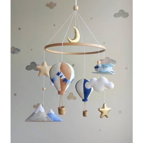 Hot air balloon nursery mobile. Travel, adventure baby room decor. Baby boy crib mobile. Airplane cot mobile. Explorer baby shower gift.