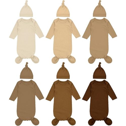 Cuffbow 6 Packs Newborn Baby Knotted Gowns Set 0-6 Months Cotton Sleeper Long Sleeve Nightgown and Hat Set for Infant Baby