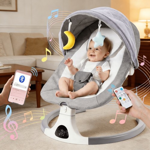 SACVON Baby Swing with Bluetooth Music & Remote, 5-Speed Portable Rocker for Indoor Outdoor Use, Gray