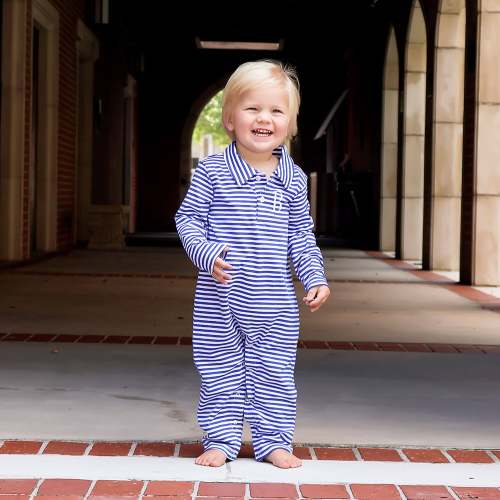 Royal Blue Stripe Long Sleeve Polo Romper