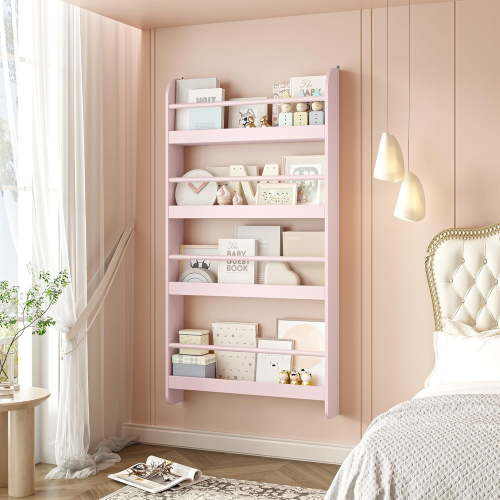 Kids Bookshelf, Wall Mount 4-Tier Book Shelf Organizer for Toys and Books, Toy Storage Bookshelf in Bedroom, Living Room and Nursery, Pink
