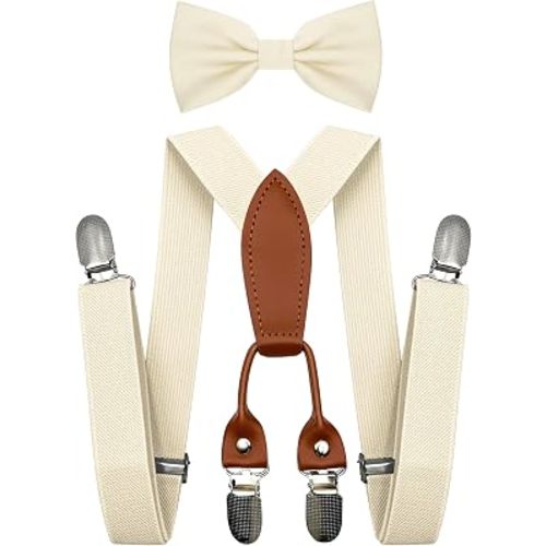 Adjustable Baby Boy Suspenders and Pre-tied Bow Tie, Kids Bowtie and Suspenders with 4 Strong Metal Clips