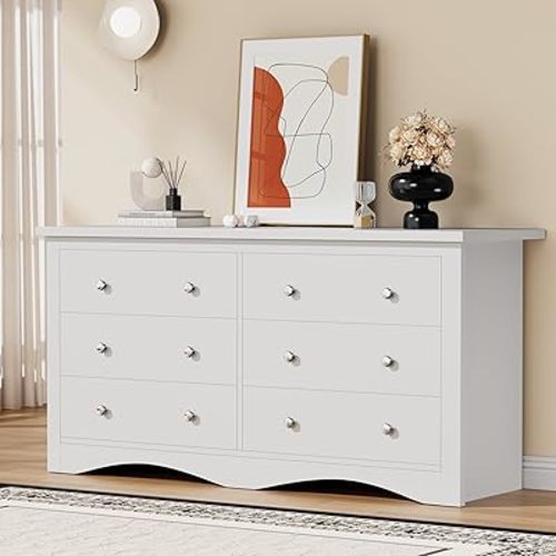 YESHOMY Dresser for Bedroom with 6 Drawers, Modern Chest of Drawers, Wooden Dressers, TV Stand for Living Room,Closet, Hallway (White)