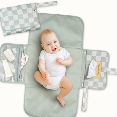 Tiny Twinkle Portable Diaper Changing Pad | Waterproof, Wipeable & Compact Baby Changing Pad for Travel | Smart Wipes Pocket & Organized Storage| Newborn Shower Gift (Sage Checkers)